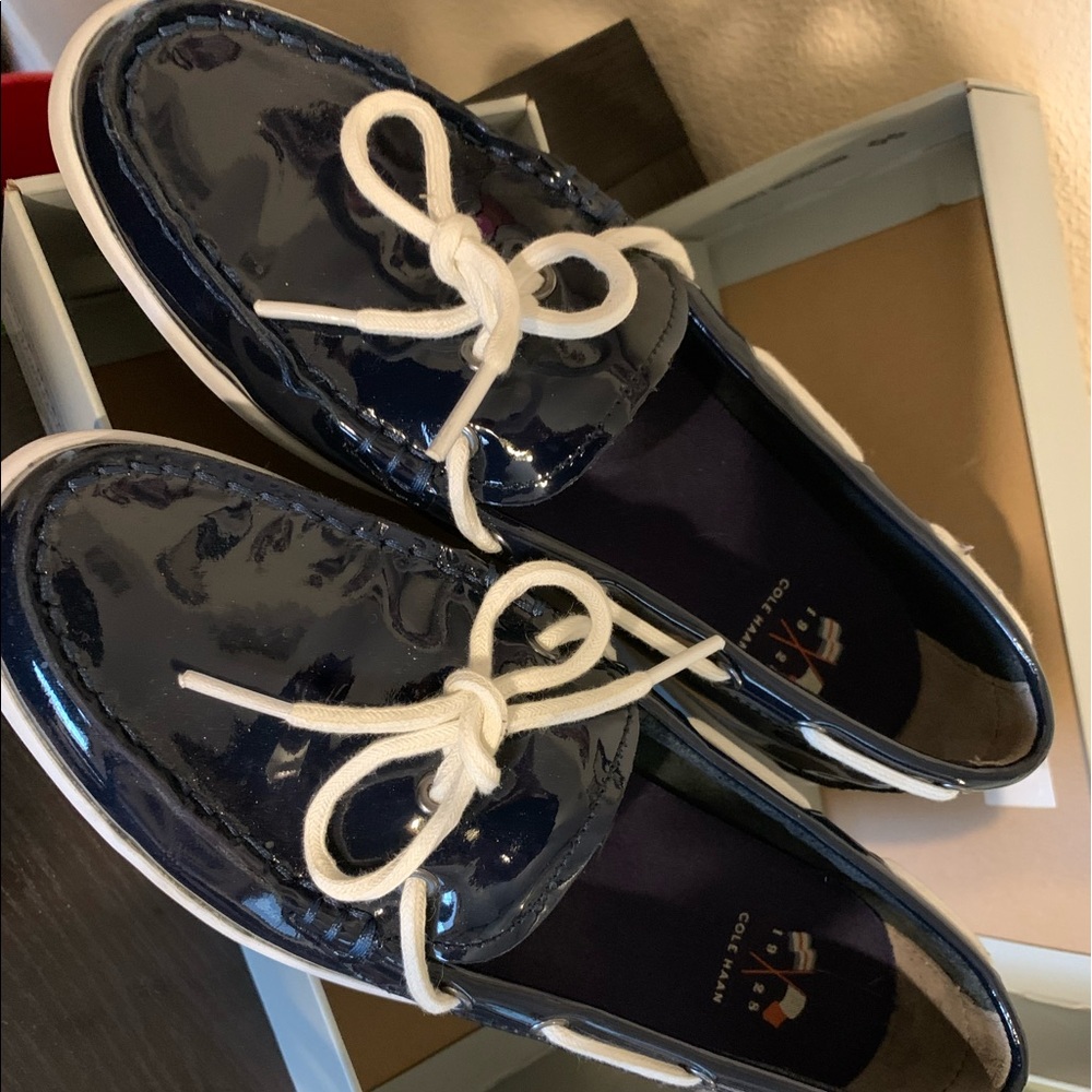 Cole Haan womens “boat shoes” Navy Patten with box. Brand new, never worn.